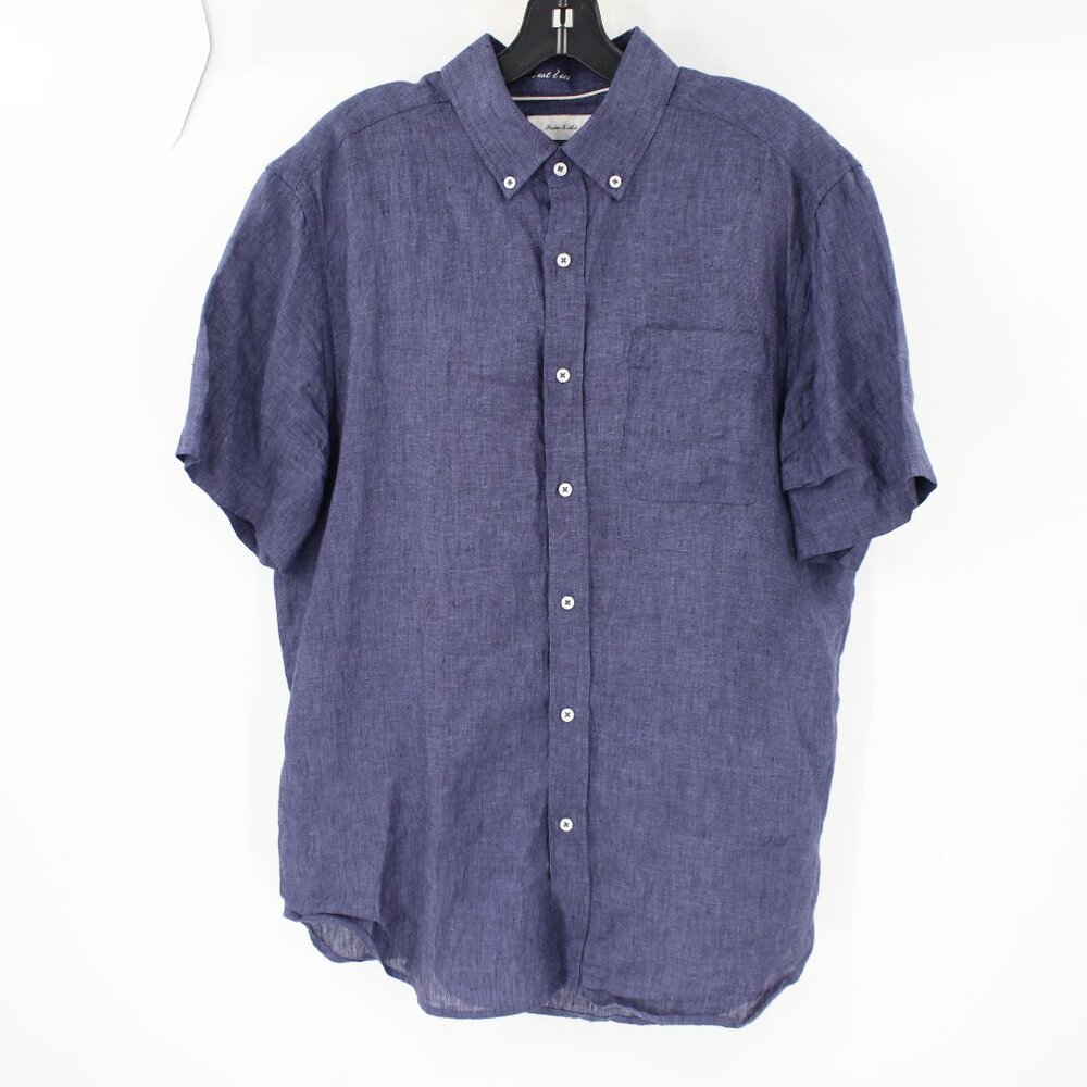 Porter & Ash Shirt Mens Large Blue Linen Button Down Short‎ Sleeve Casual summer
